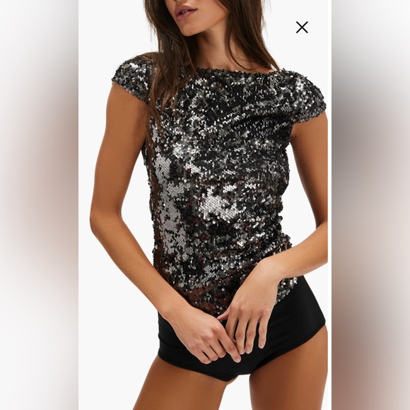 Free People NWT Late Last Night Tee - small gunmetal combo silver sequin - Picture 1 of 5